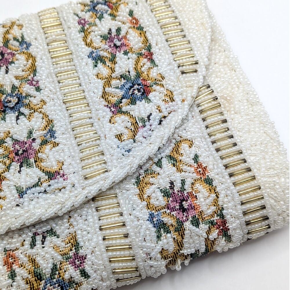Vintage Tapestry Floral White Beaded Purse Shoulder Bag Adjustable Chain Strap - Picture 3 of 12